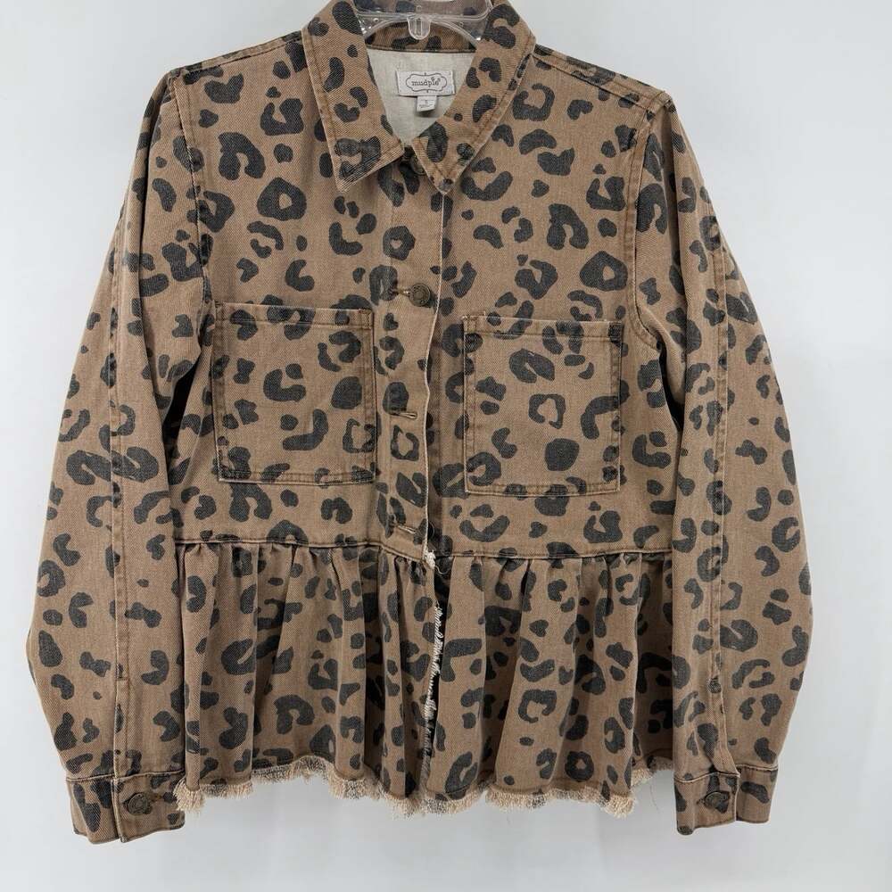 Mud Pie Leopard Print Peplum Denim Jacket Womens Small Distressed Frayed Hem